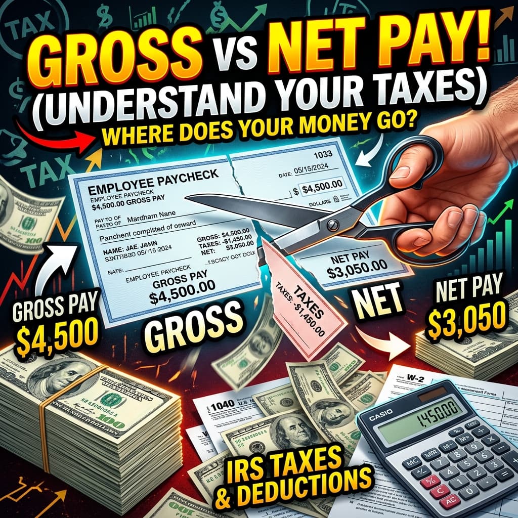 A US paycheck being sliced by scissors next to a calculator