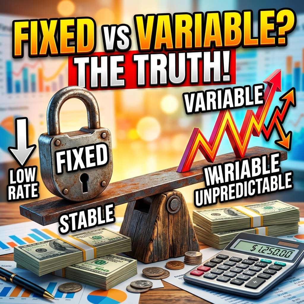 A heavy metal lock representing fixed rates balancing on a seesaw with a variable rate chart