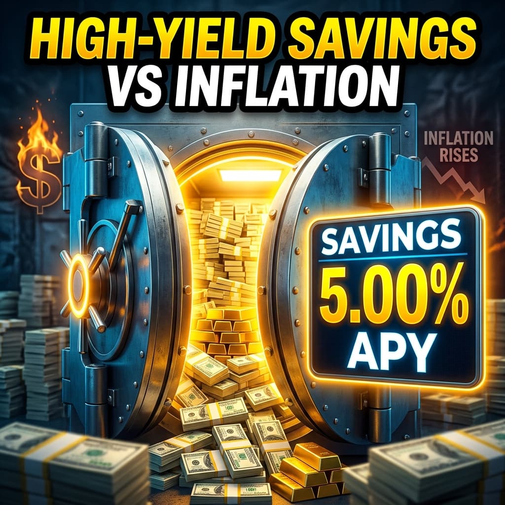 A glowing bank vault filled with money showing 5.00% APY