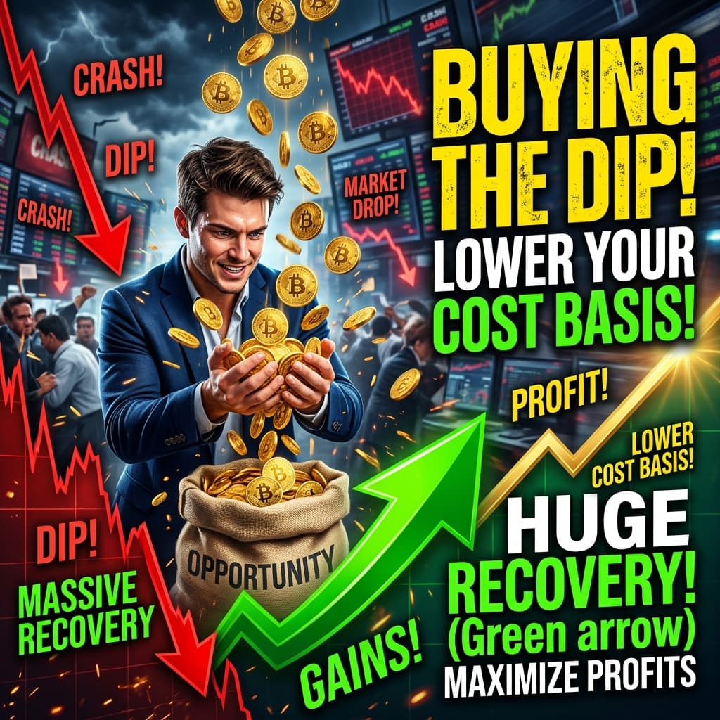 An investor catching falling gold coins during a market crash with a massive green upward arrow