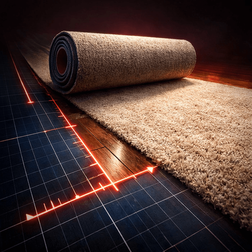 Carpet calculator measuring room length, width, square yards, and waste allowance