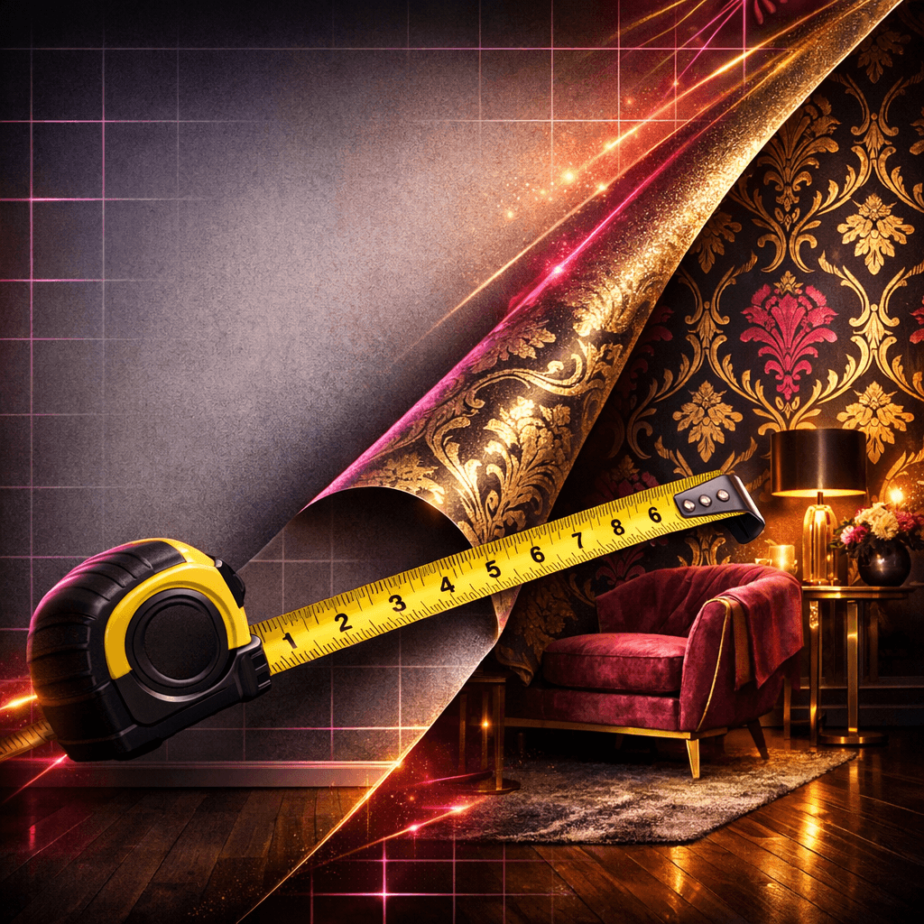 Wallpaper calculator measuring wall height, width, roll coverage, and pattern repeat