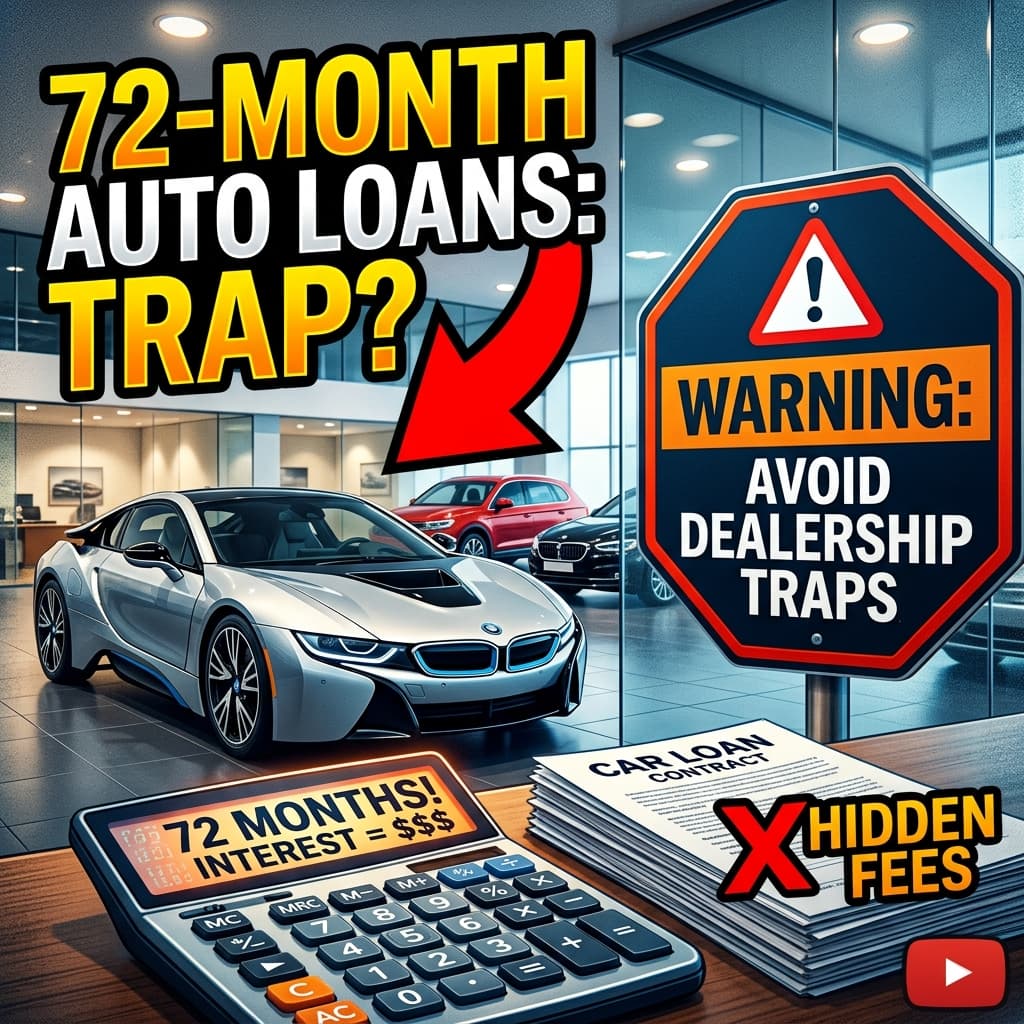 A new car dealership contract with a warning sign about 72 month loans