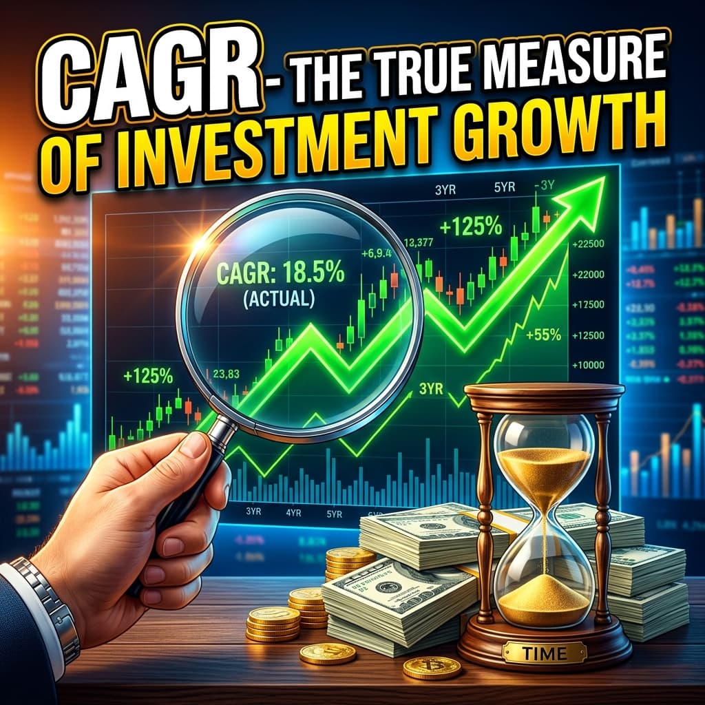 A magnifying glass looking at a soaring stock chart next to an hourglass