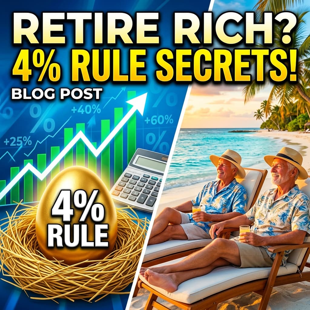 A golden nest egg, an upward stock chart, and a retired couple on a beach
