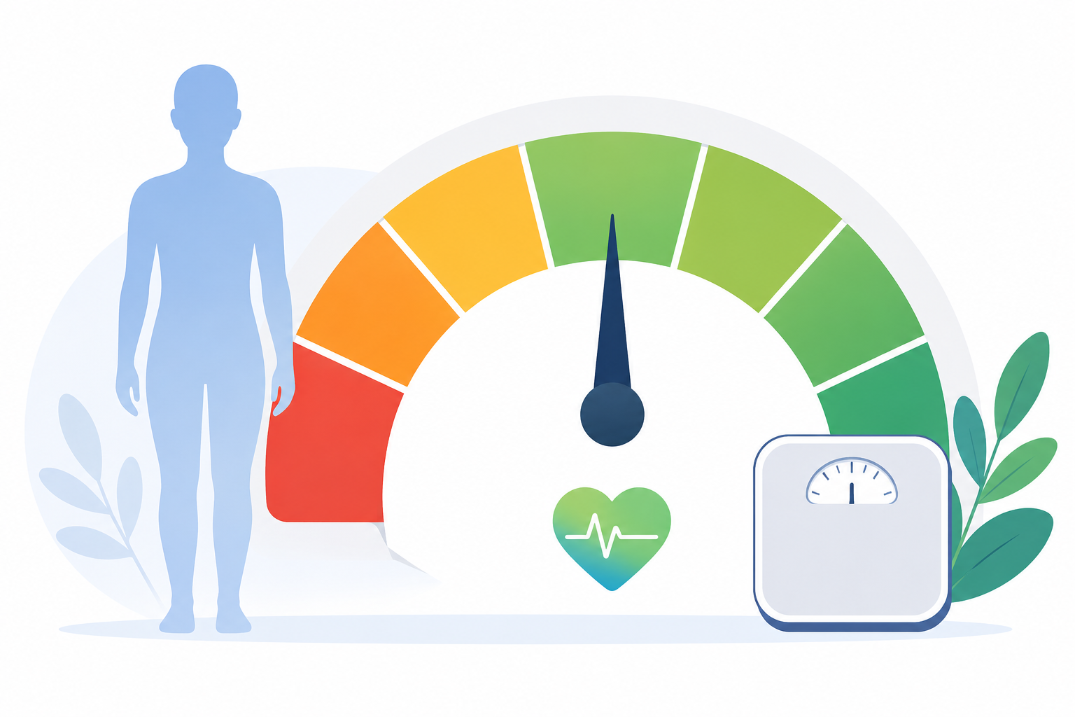 BMI calculator illustration showing a person silhouette next to a healthy BMI range scale