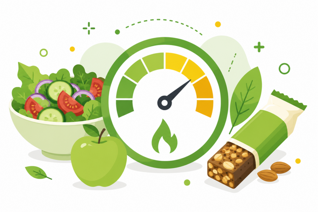 Calorie calculator illustration showing healthy foods around a daily calorie counter
