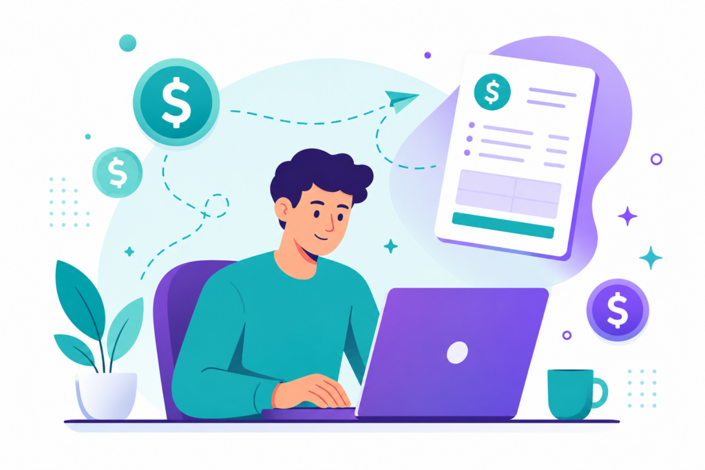 Freelance rate calculator illustration showing a freelancer calculating hourly pricing