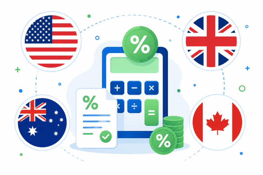 GST and VAT calculator illustration showing tax rates across US, UK, Australia, and Canada