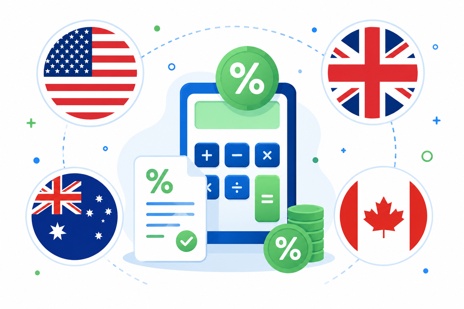 GST and VAT calculator illustration showing tax rates across US, UK, Australia, and Canada
