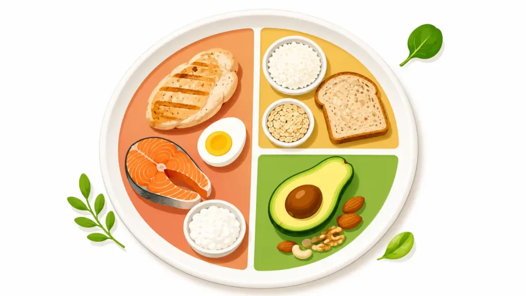 Macro calculator illustration showing protein, carbs, and fat targets on a plate