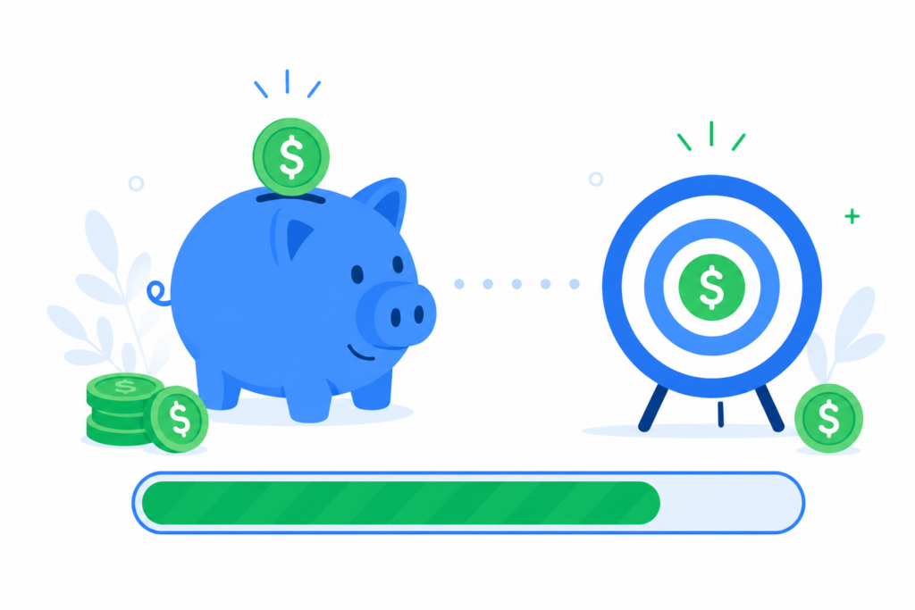 Savings calculator illustration showing a piggy bank with a progress bar toward a savings goal