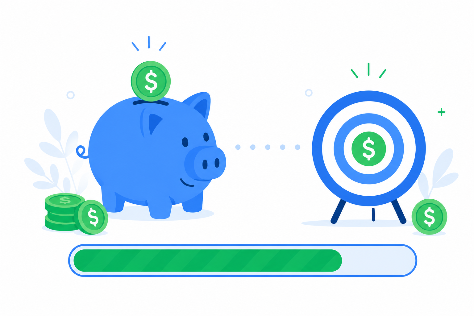 Savings calculator illustration showing a piggy bank with a progress bar toward a savings goal