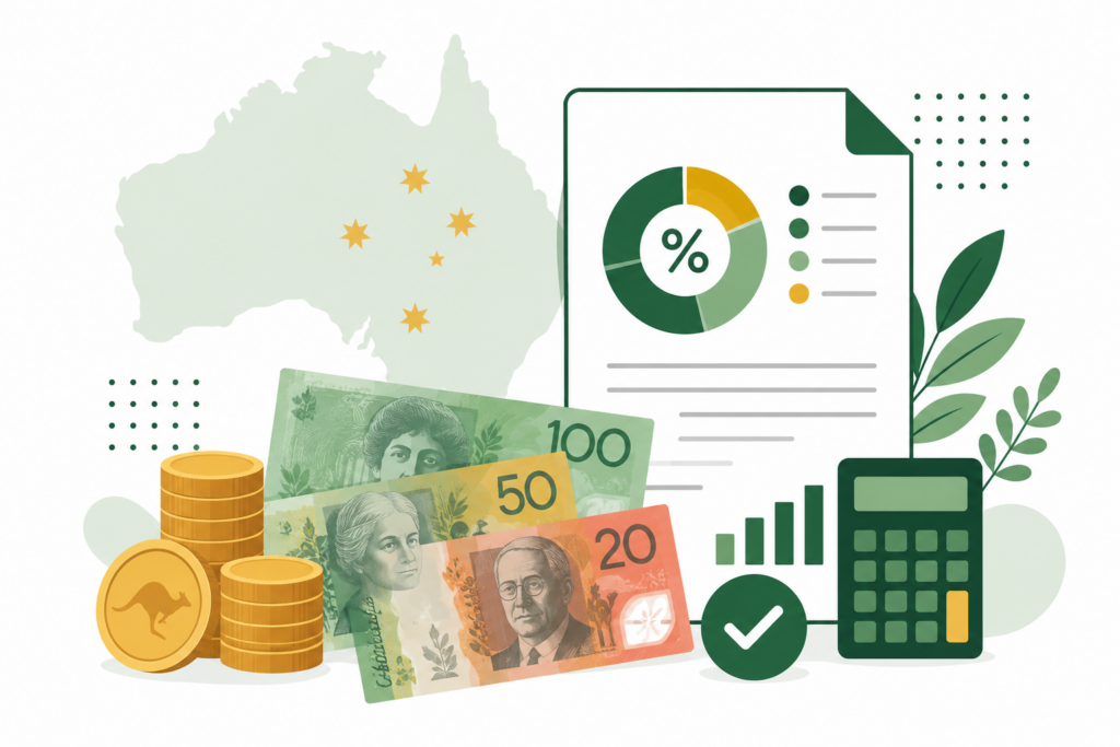 Australia income tax calculator illustration showing 2026-27 ATO tax brackets and take-home pay