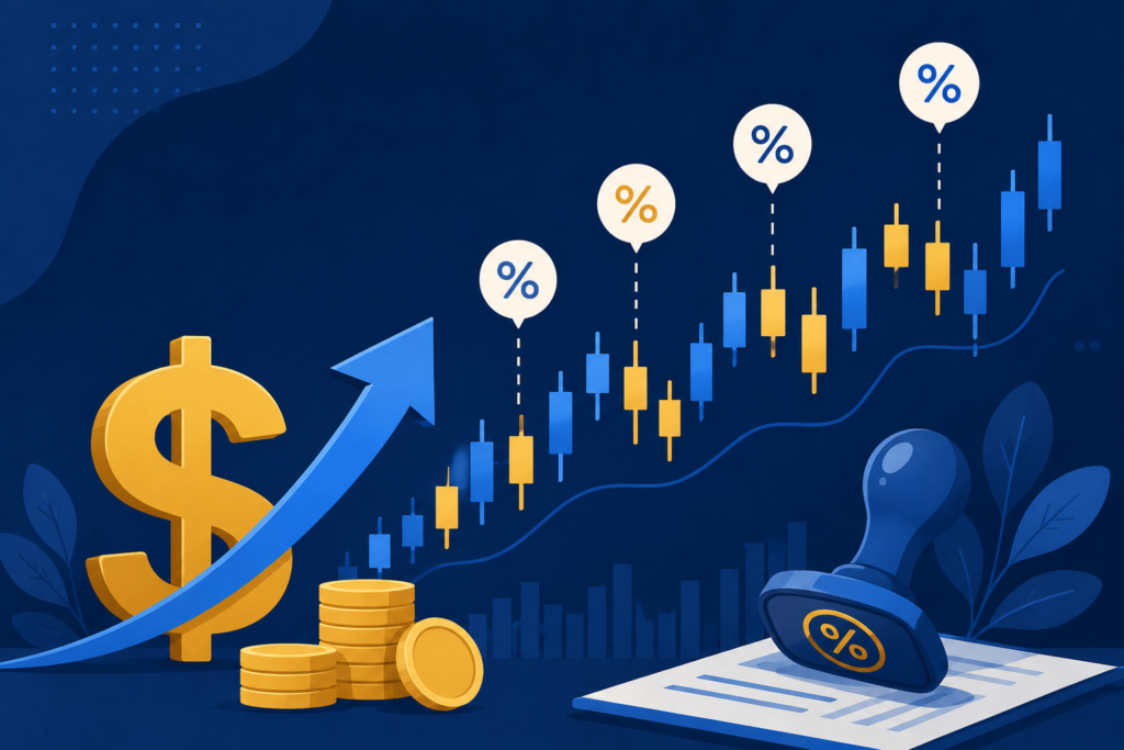 Capital gains tax calculator illustration showing stock chart with tax rate icons