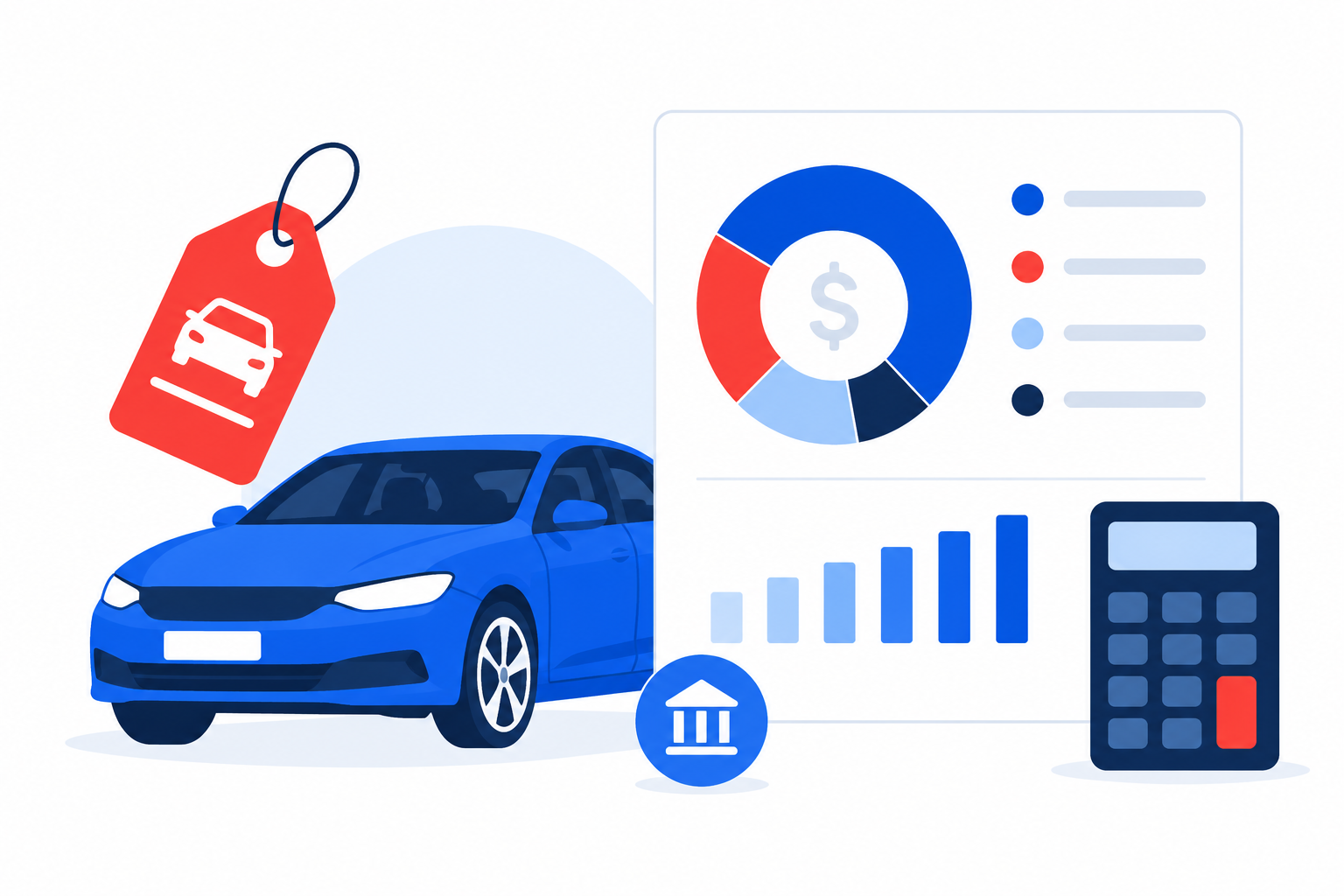 Car loan calculator illustration showing a vehicle with a monthly payment breakdown chart