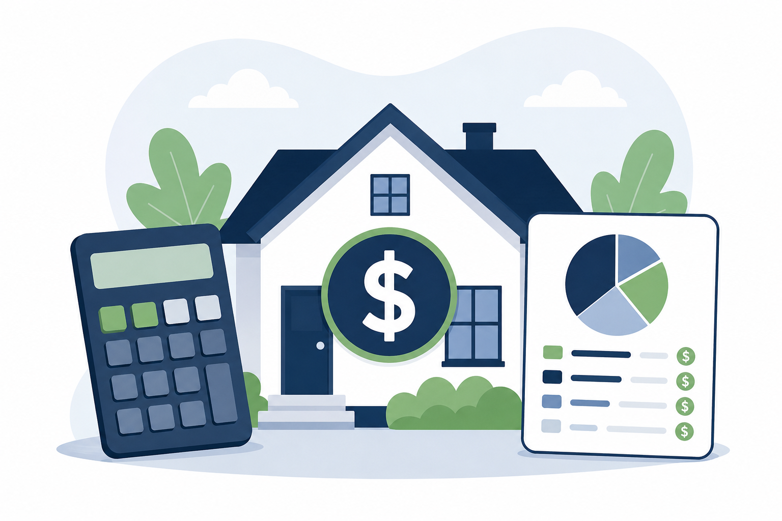 Illustration showing how to calculate a mortgage payment with a house, calculator, and payment breakdown chart
