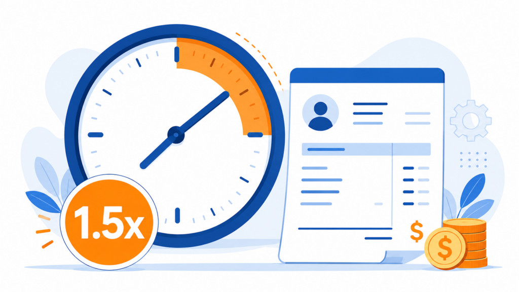 Overtime pay calculator illustration showing hourly rate and 1.5x overtime multiplier