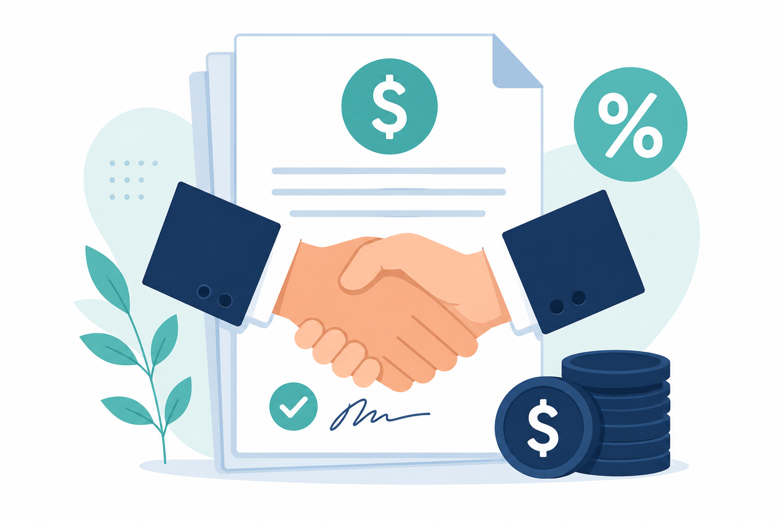Personal loan calculator illustration showing loan agreement documents and payment breakdown
