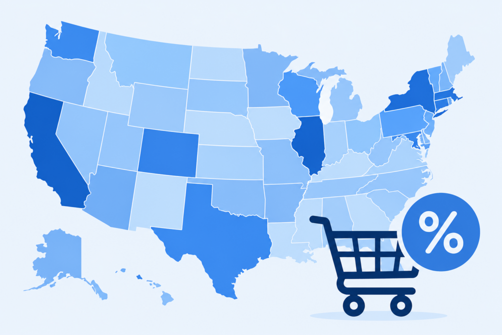 Sales tax calculator illustration showing a US map with varying state tax rates