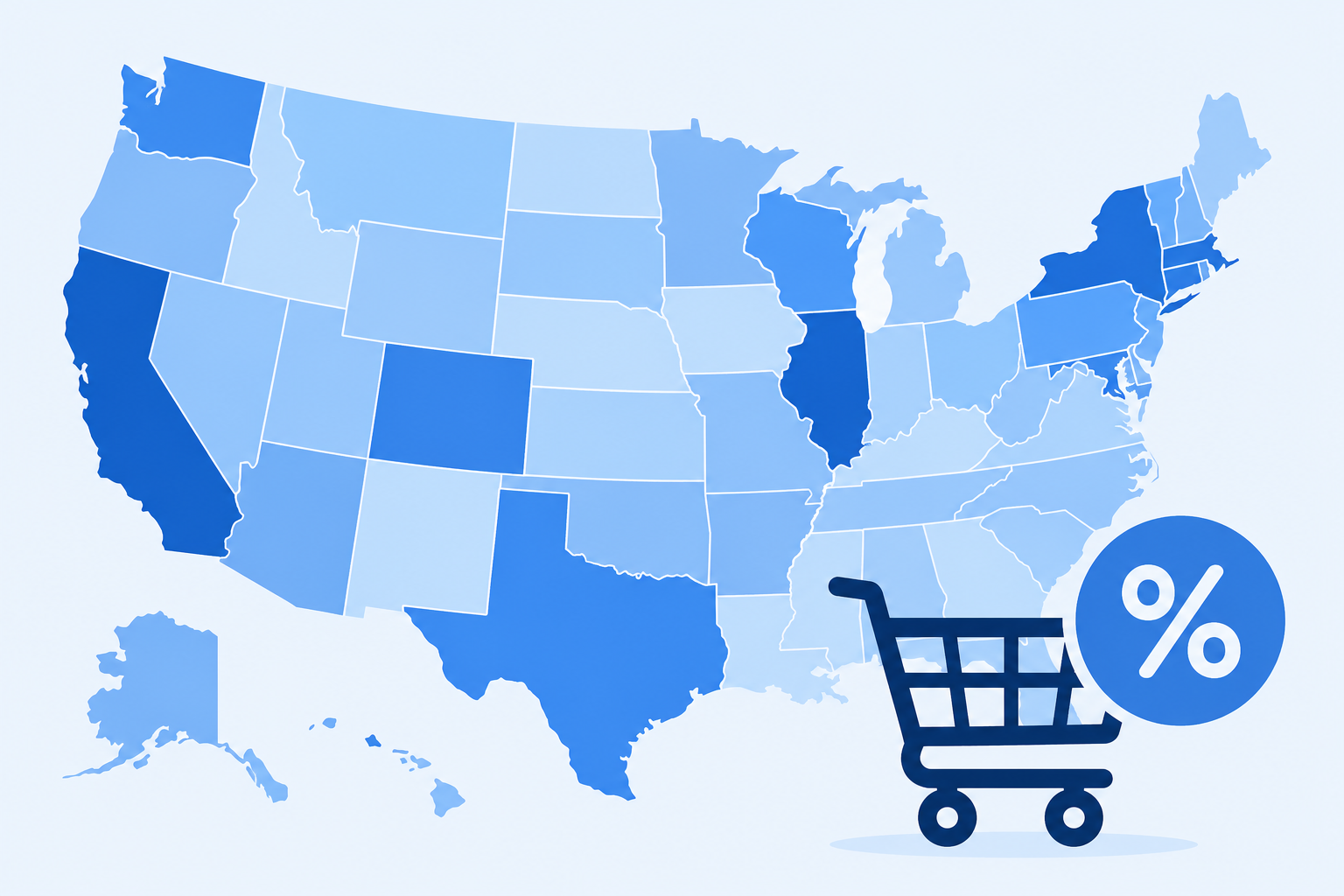 Sales tax calculator illustration showing a US map with varying state tax rates