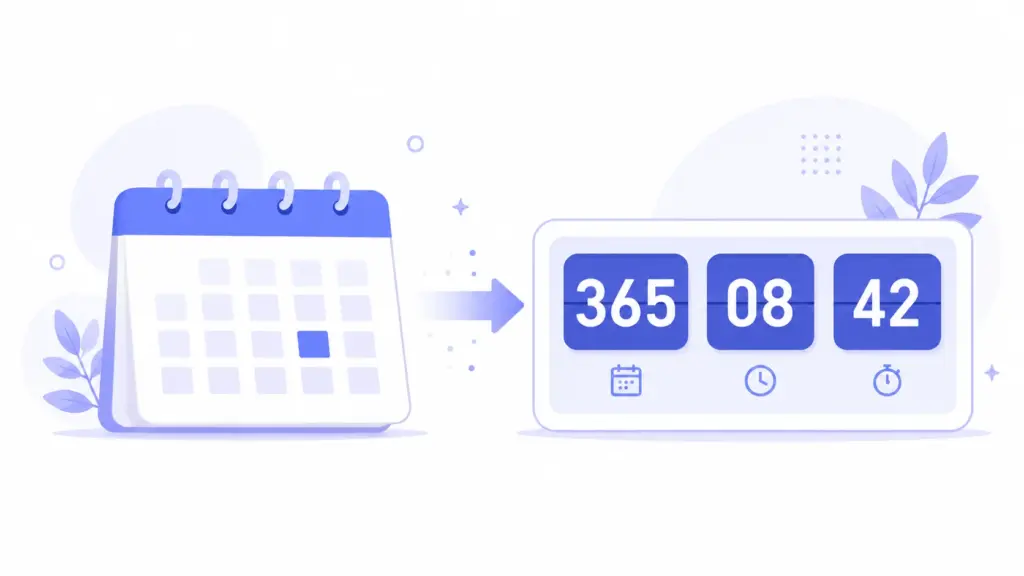 Age calculator illustration showing exact age in years, months, days, and total days lived