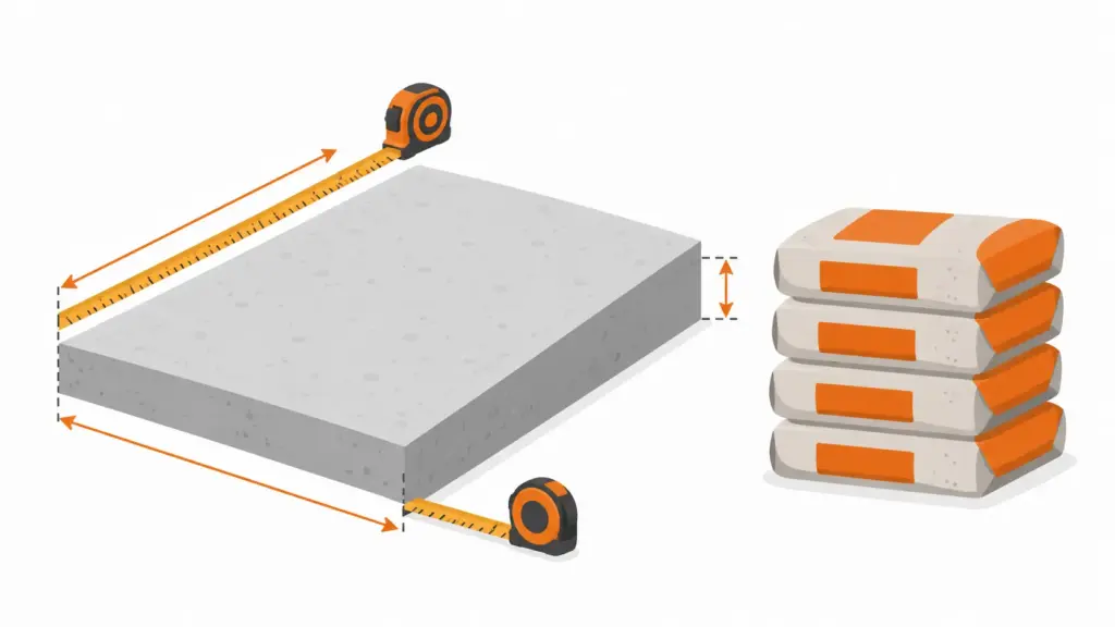 Concrete calculator illustration showing slab dimensions and bags needed