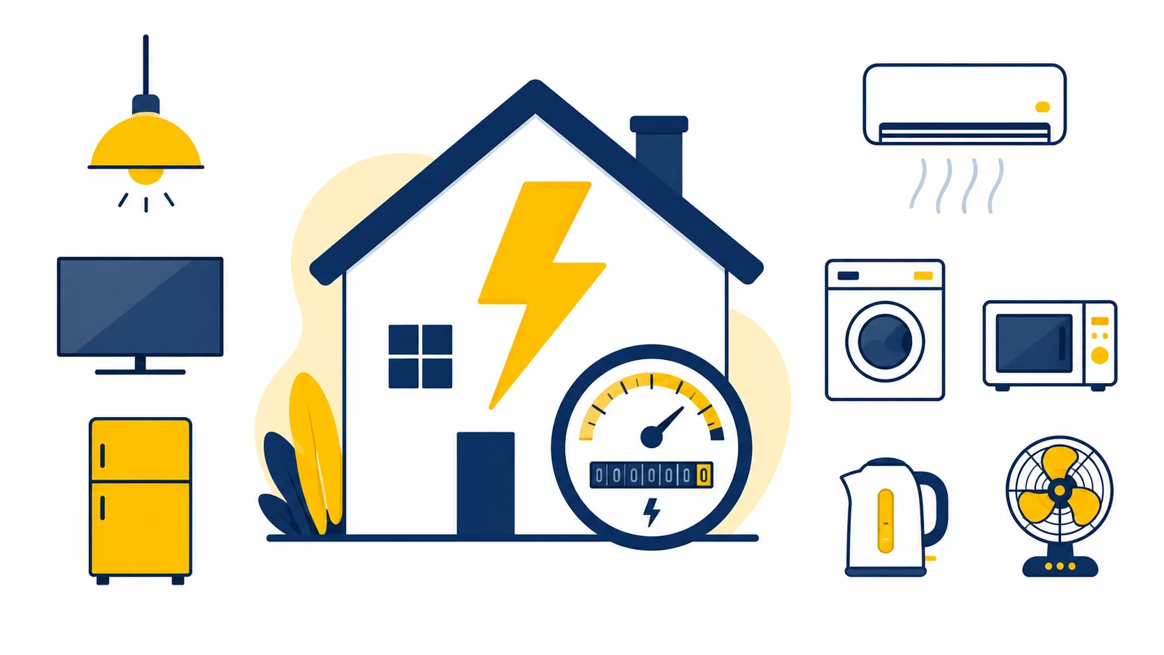 Electricity cost calculator illustration showing appliance energy use and monthly cost