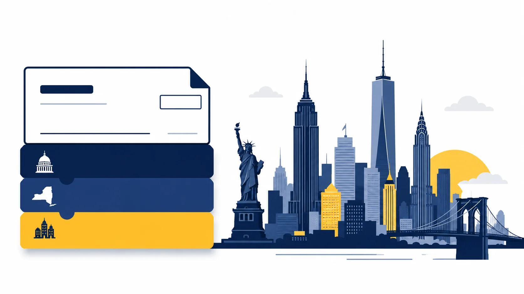 New York income tax calculator illustration showing federal, state, and NYC tax layers