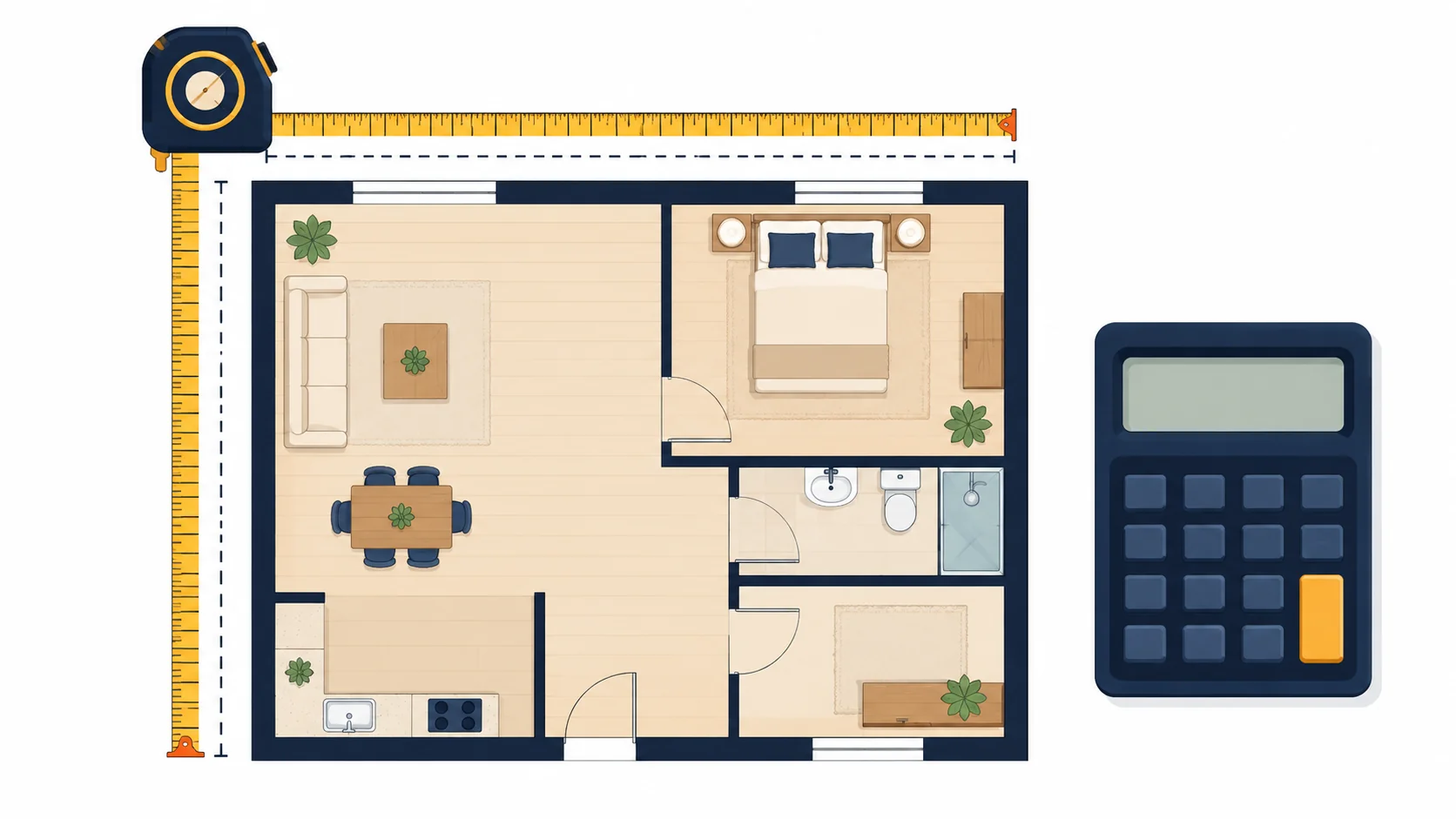 Square footage calculator illustration showing room measurement and area calculation
