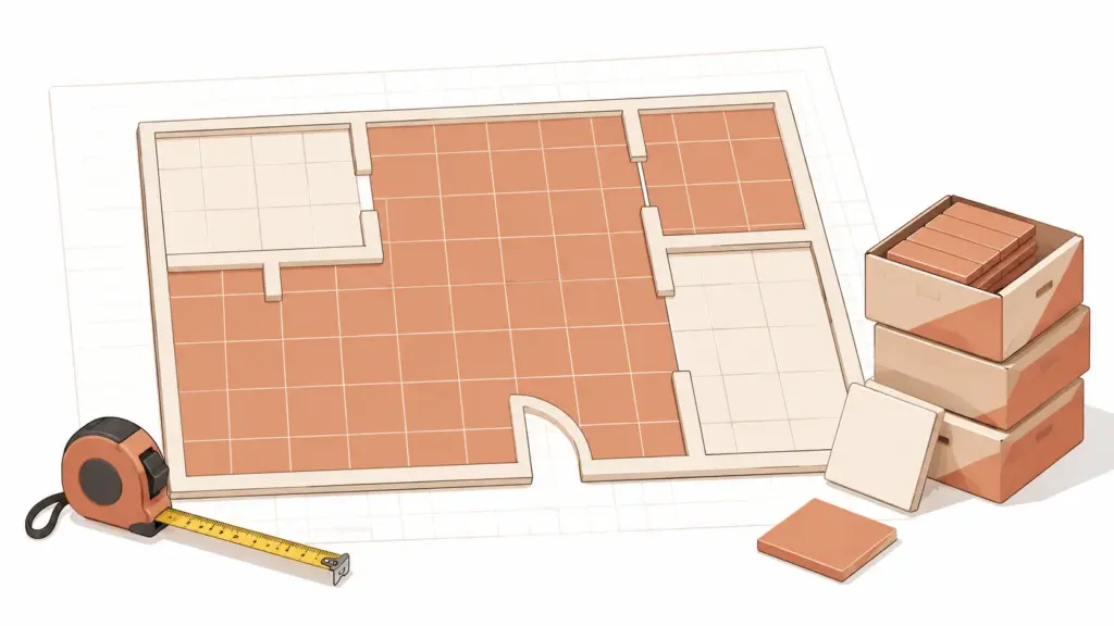 Tile calculator illustration showing floor area and tile boxes needed
