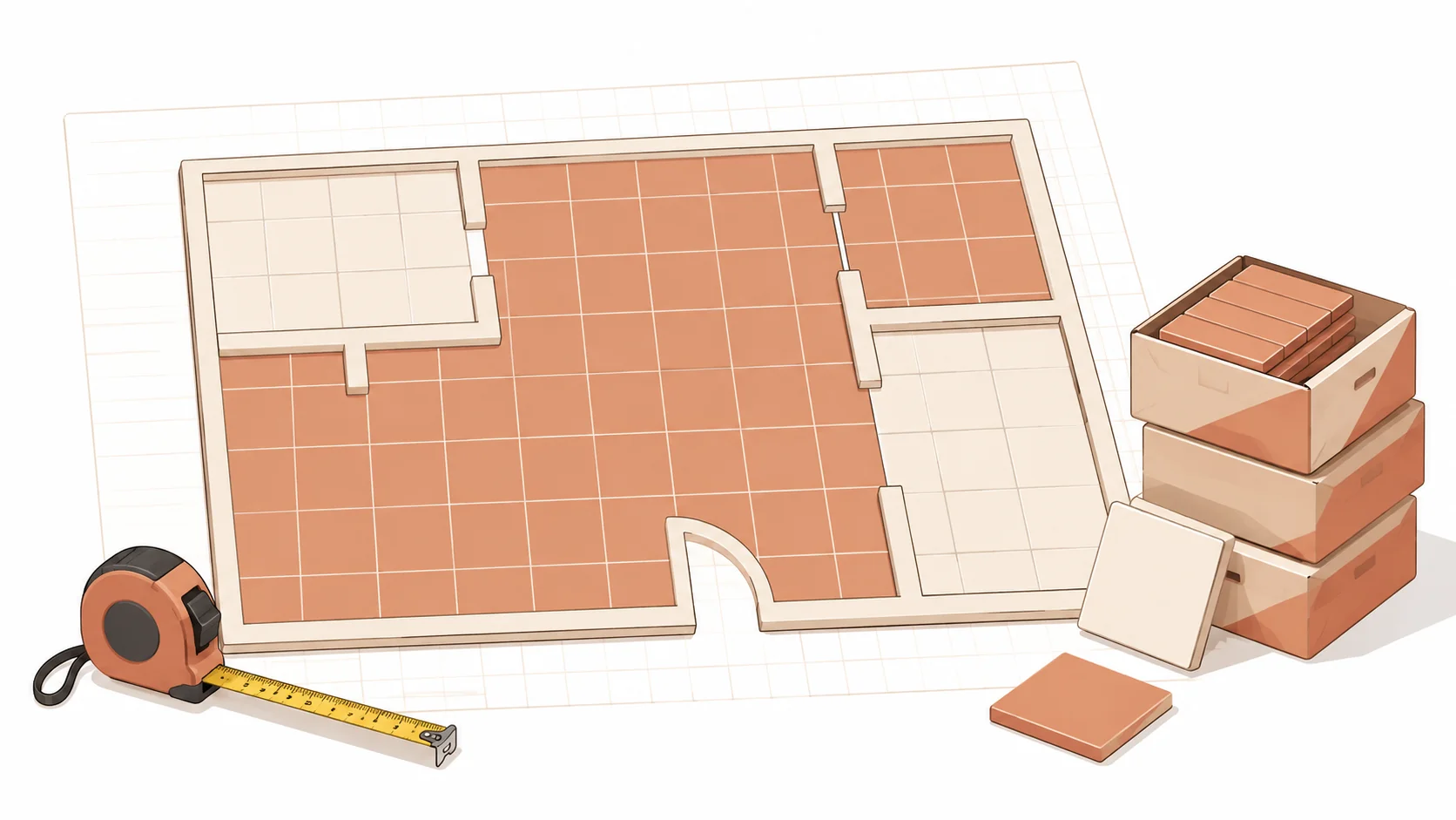 Tile calculator illustration showing floor area and tile boxes needed