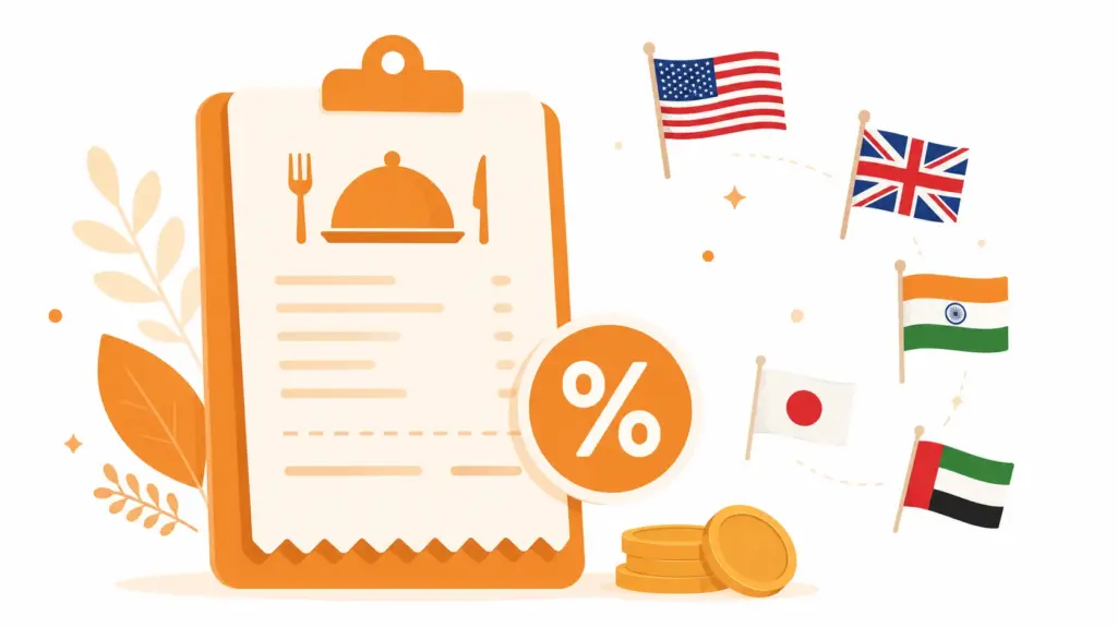 Tip calculator illustration showing bill total, tip percentage, and country tipping norms