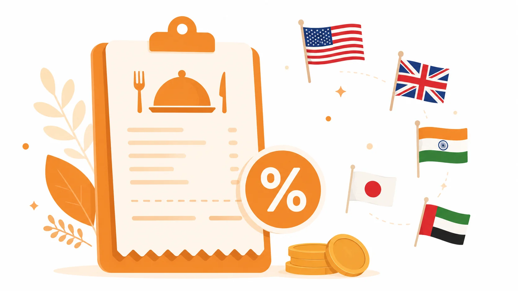 Tip calculator illustration showing bill total, tip percentage, and country tipping norms