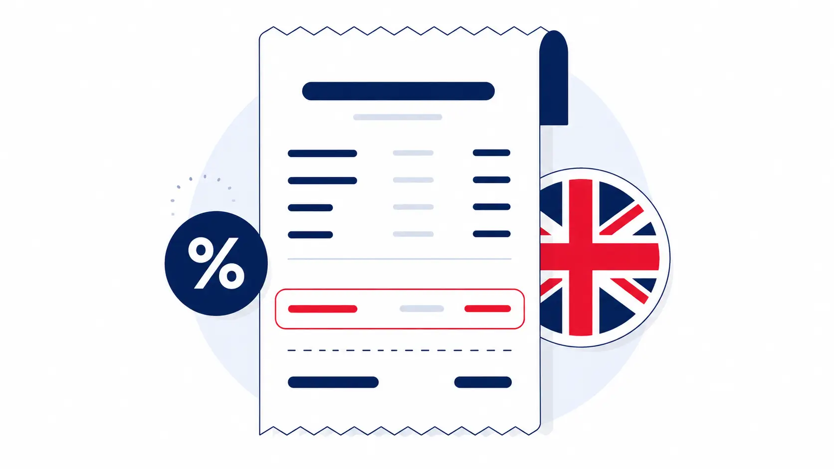 UK VAT calculator illustration showing 20% VAT breakdown on a receipt