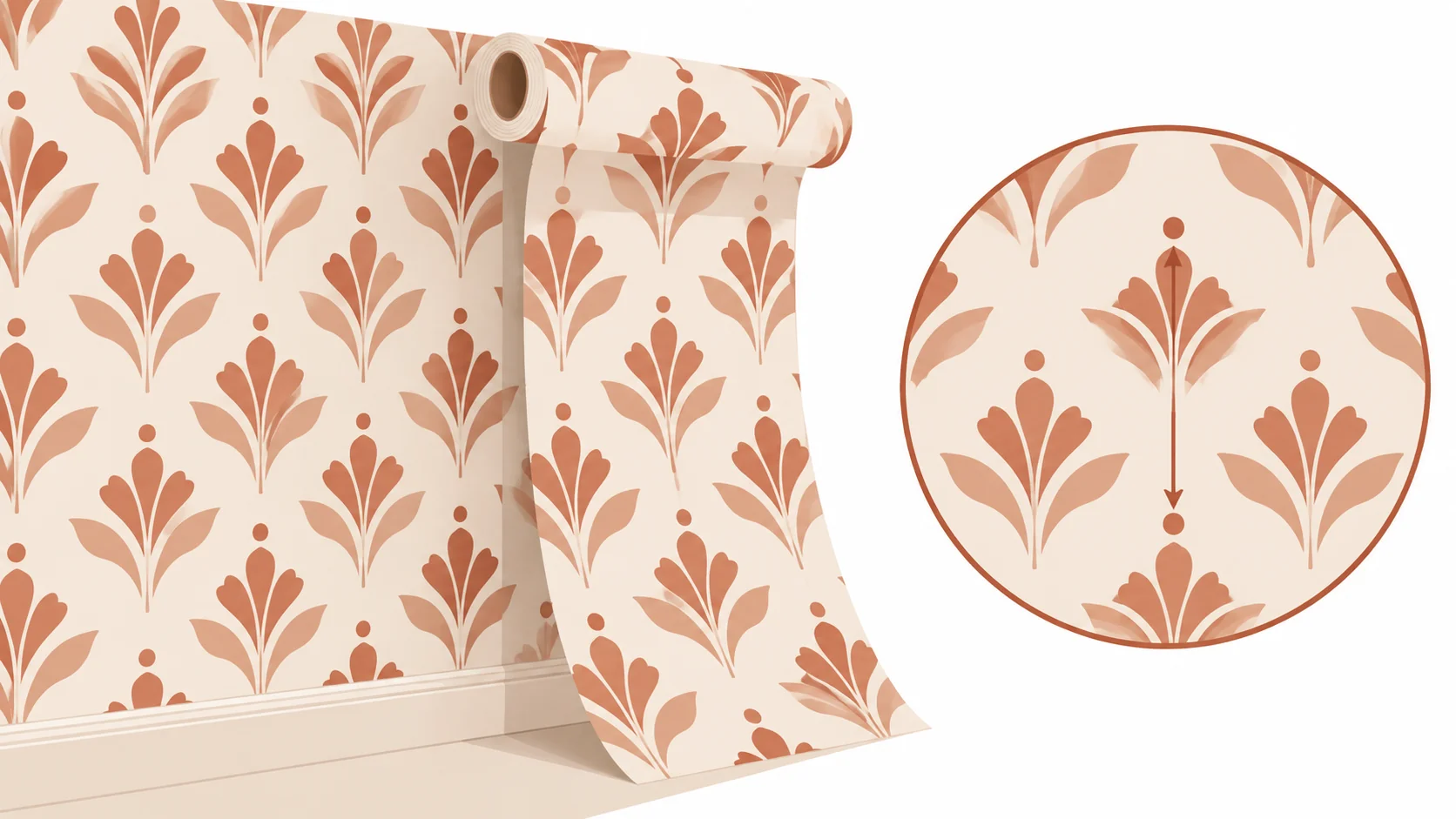 Wallpaper calculator illustration showing rolls needed and pattern repeat waste